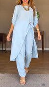 Womens Round Neck Irregular Top + Pants Casual Suit