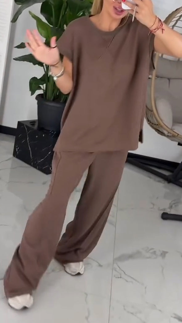 Women Round Neck Solid Color Loose Casual Suit