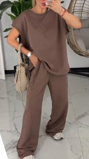 Women Round Neck Solid Color Loose Casual Suit