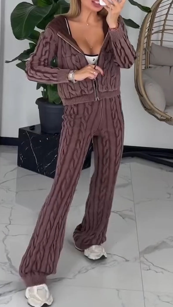 Women Round Neck Hooded Coat + Pants Casual Suit