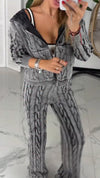 Women Round Neck Hooded Coat + Pants Casual Suit