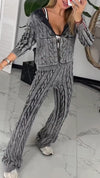 Women Round Neck Hooded Coat + Pants Casual Suit