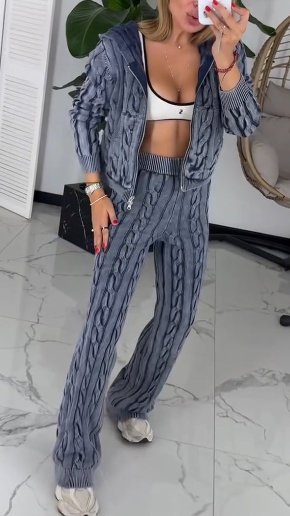 Women Round Neck Hooded Coat + Pants Casual Suit