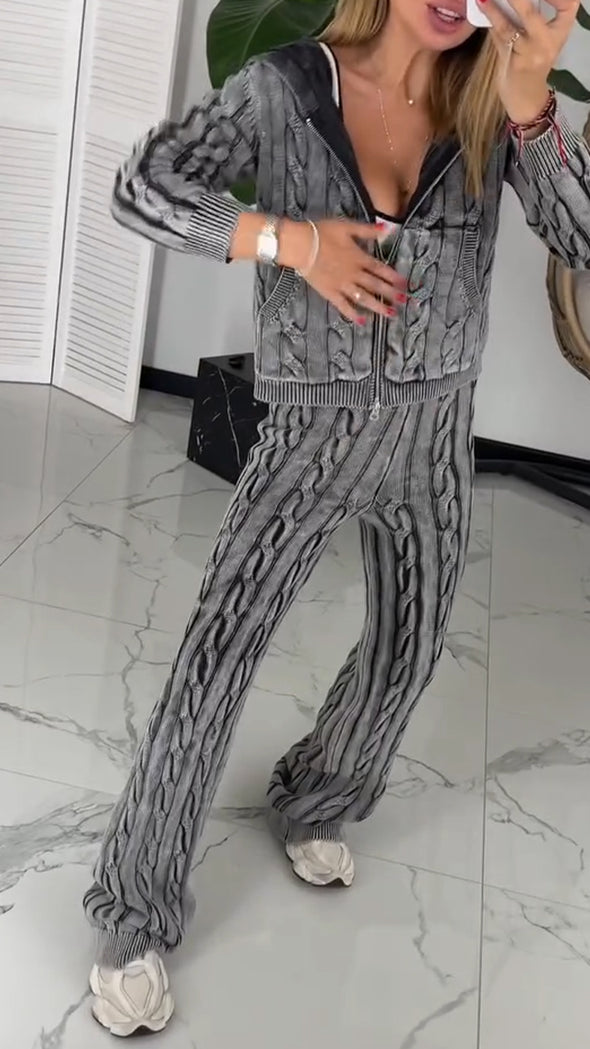 Women Round Neck Hooded Coat + Pants Casual Suit