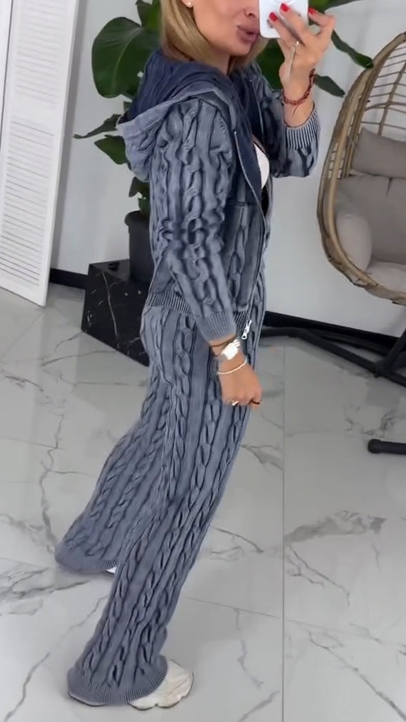 Women Round Neck Hooded Coat + Pants Casual Suit