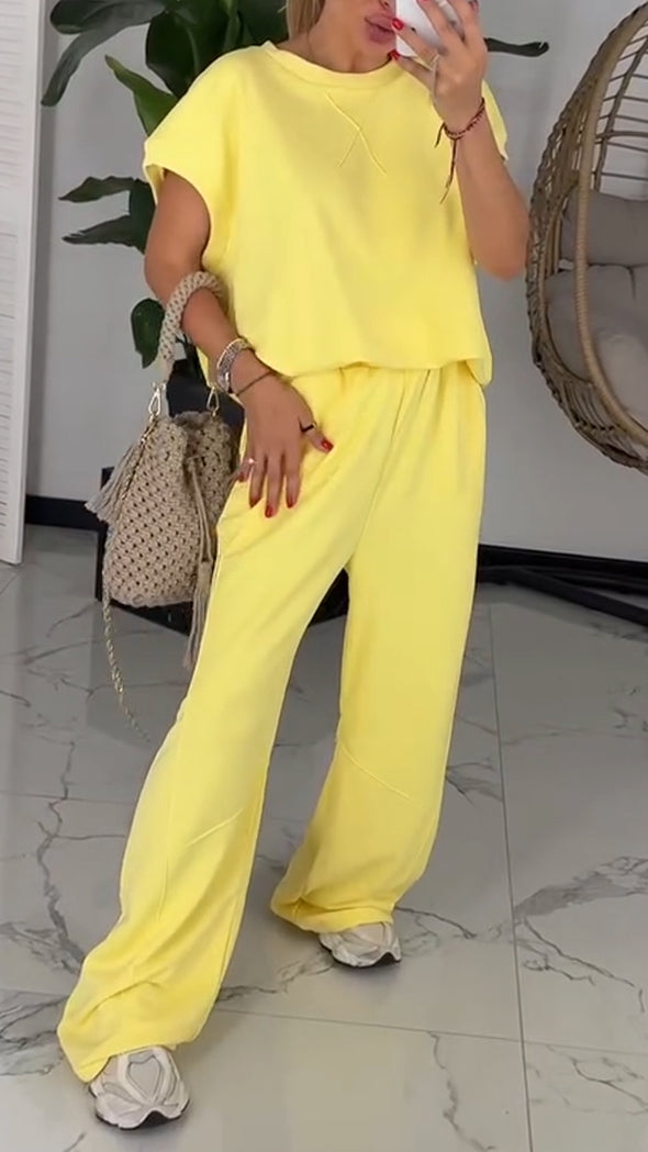 Women Round Neck Solid Color Loose Casual Suit