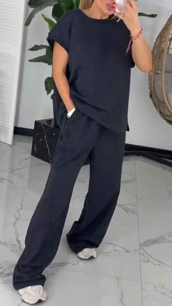 Women Round Neck Solid Color Loose Casual Suit