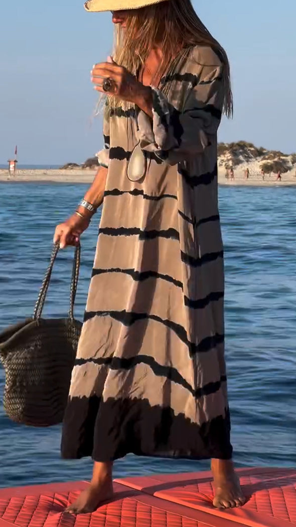 Womens V-neck Striped Loose Casual Dress