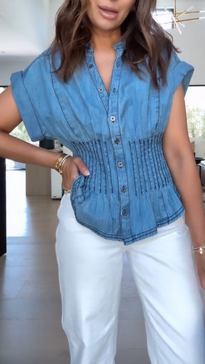 Women Round Neck Breasted Spliced Casual Top