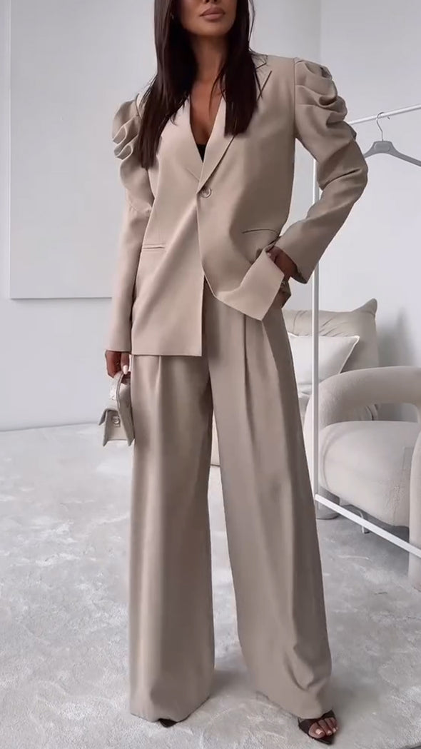 Women Collar and Sleeve Pleated Design Jacket + Pants Temperament Casual Set