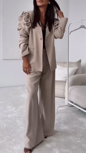 Women Collar and Sleeve Pleated Design Jacket + Pants Temperament Casual Set