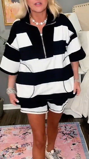 Women Lapel Striped Top + Shorts Casual Suit