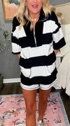 Women Lapel Striped Top + Shorts Casual Suit