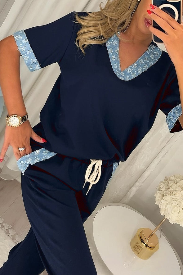 Women V-neck Splicing Printed Casual Set