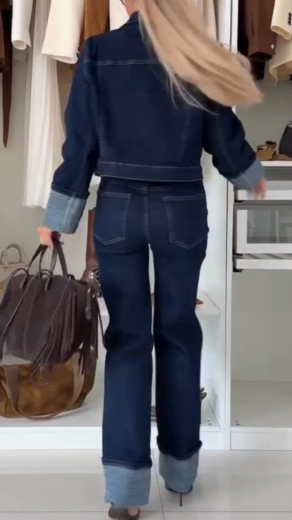 Womens Lapel Splicing Casual Denim Suit