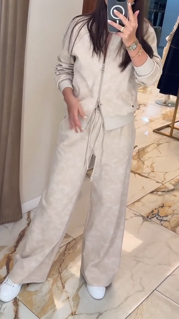 Women Lapel Zipper Top + Drawstring Pants Casual Set
