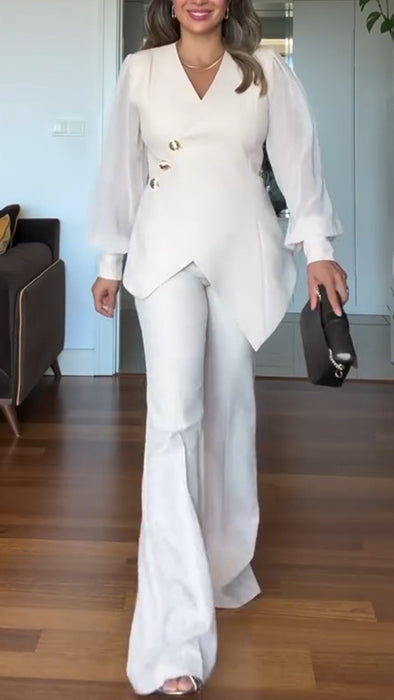 Womens V-neck Irregular Top + Pants Temperament Casual Suit