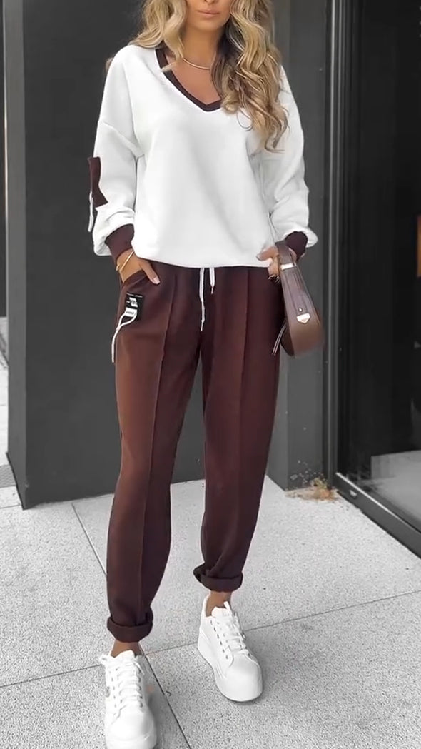 Women Round Neck Splicing Top + Pants Casual Suit