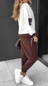 Women Round Neck Splicing Top + Pants Casual Suit