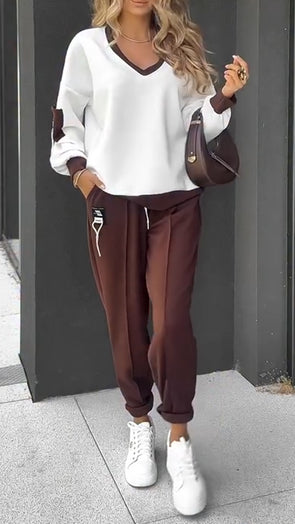 Women Round Neck Splicing Top + Pants Casual Suit