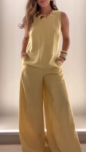 Women Round Neck Solid Color Temperament Casual Jumpsuit