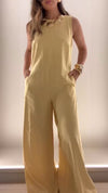 Women Round Neck Solid Color Temperament Casual Jumpsuit