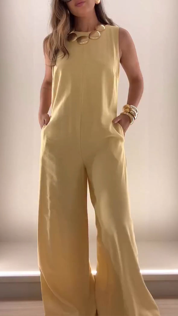 Women Round Neck Solid Color Temperament Casual Jumpsuit
