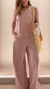 Women Round Neck Solid Color Temperament Casual Jumpsuit