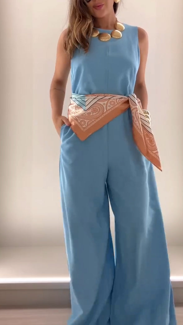 Women Round Neck Solid Color Temperament Casual Jumpsuit