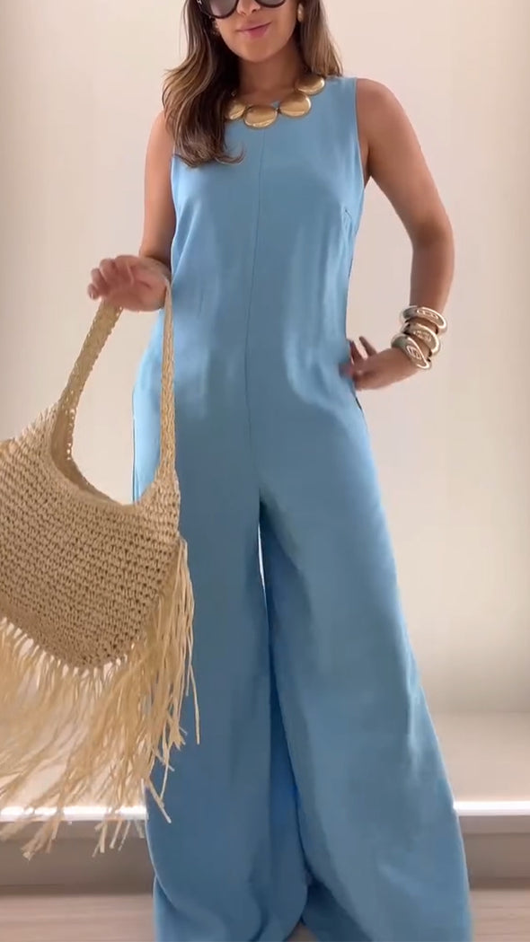 Women Round Neck Solid Color Temperament Casual Jumpsuit