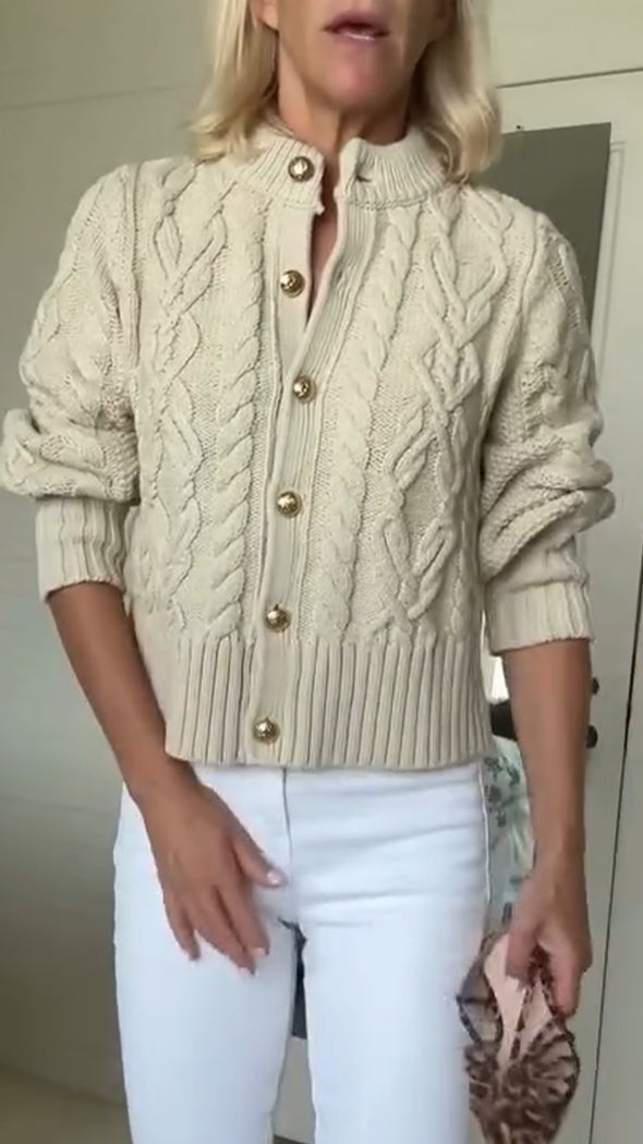 Womens Round Neck and Breasted Casual Sweater