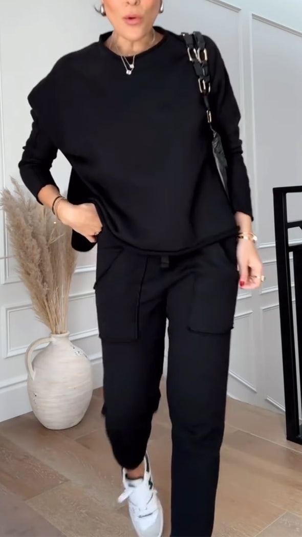 Women Round Neck Solid Color Casual Suit