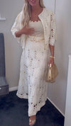 Womens Round Neck Printed Hollow Cardigan + Skirt Casual Suit