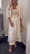 Womens Round Neck Printed Hollow Cardigan + Skirt Casual Suit