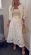 Womens Round Neck Printed Hollow Cardigan + Skirt Casual Suit