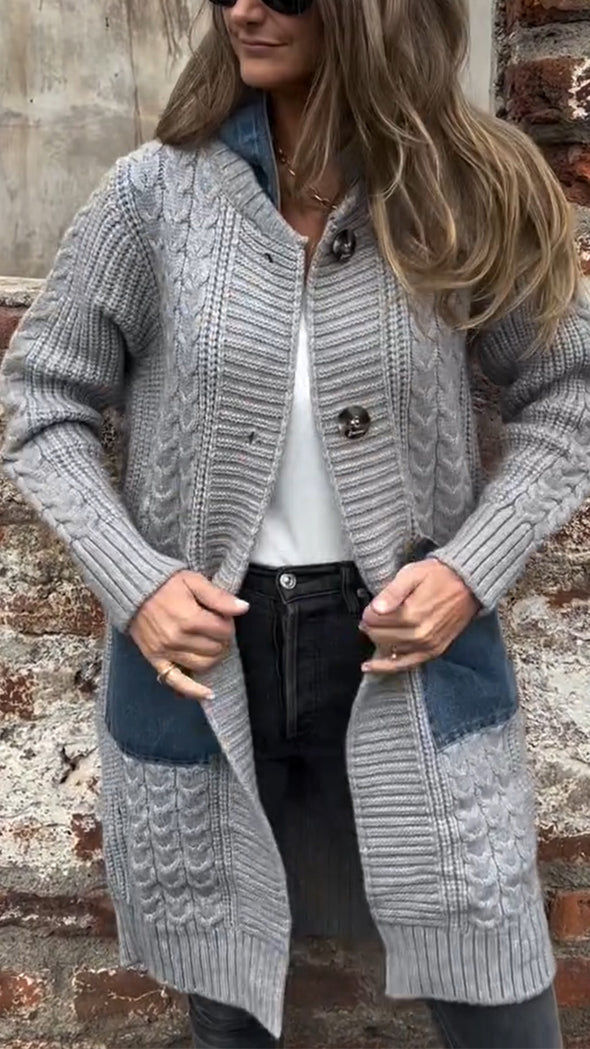 Women Round Neck Hooded Knitted Patchwork Casual Coat