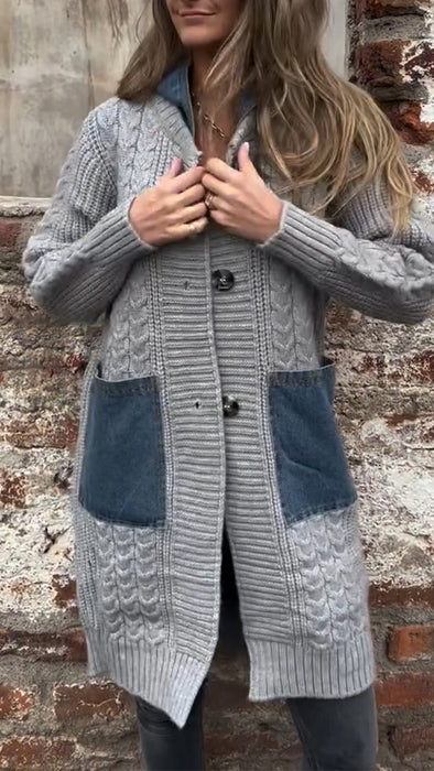 Women Round Neck Hooded Knitted Patchwork Casual Coat