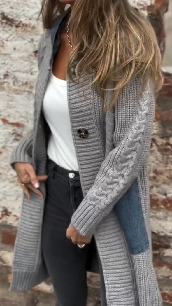 Women Round Neck Hooded Knitted Patchwork Casual Coat
