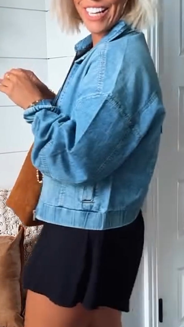 Ladies Collar Wash Water Spliced Casual Denim Jacket