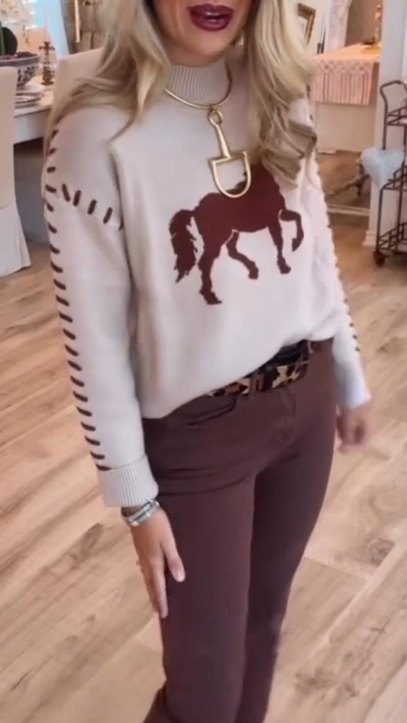 Ladies Round Neck Printed Casual Sweater