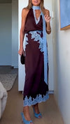 Ladies V-neck Patchwork Printed Top+ Skirt Elegant Casual Set