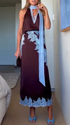 Ladies V-neck Patchwork Printed Top+ Skirt Elegant Casual Set