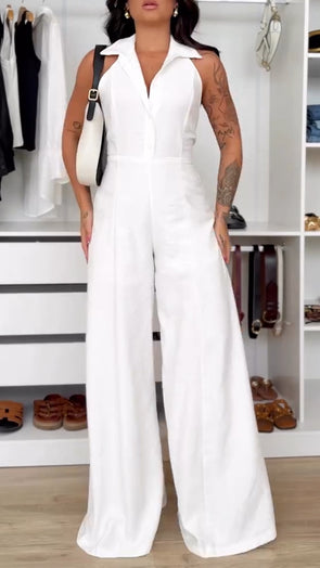 Womens Lapel Behind Hollow Casual Temperament Jumpsuits
