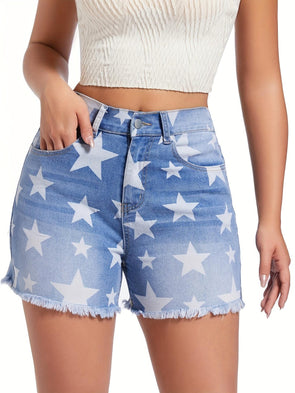 Women Star Print Washing Casual Denim Shorts