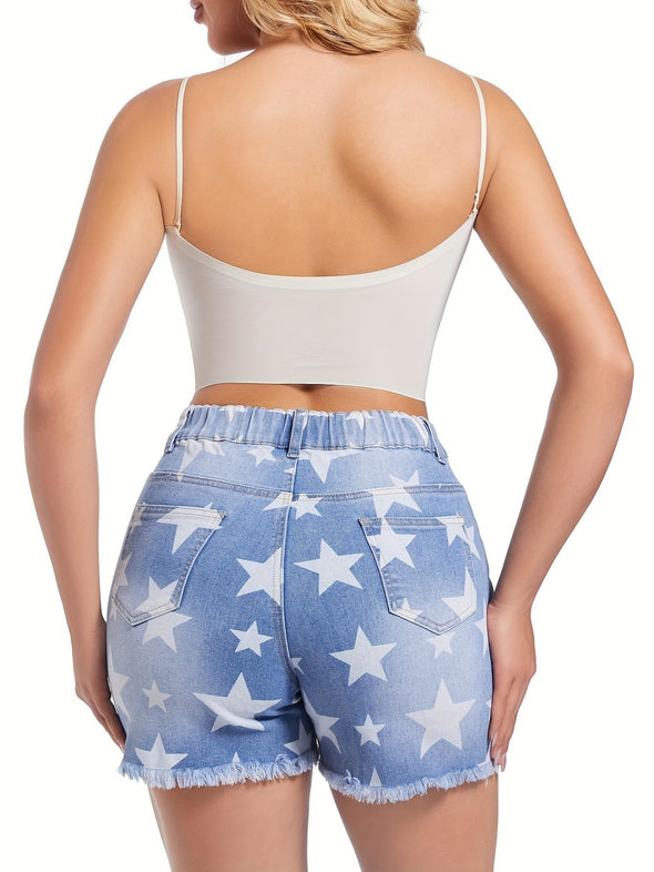 Women Star Print Washing Casual Denim Shorts
