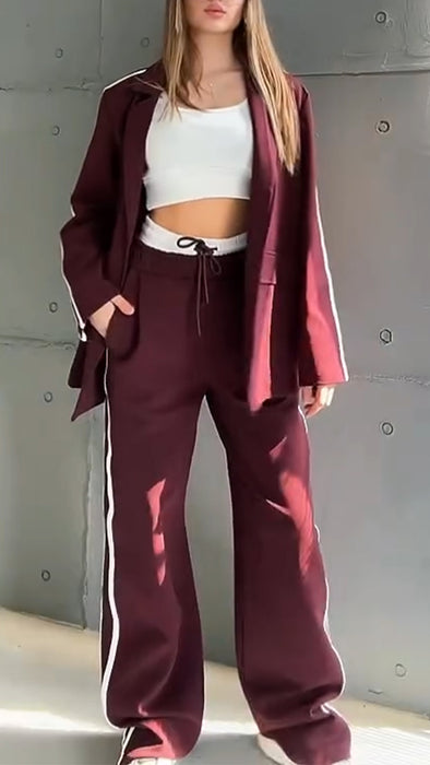 Women Lapel Vertical Jacket + Pants Casual Set