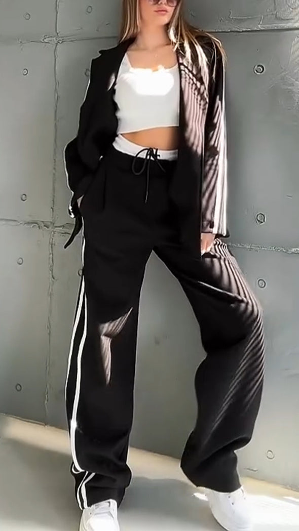 Women Lapel Vertical Jacket + Pants Casual Set