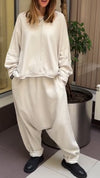Women Round Neck Splicing Top + Pants Solid Color Casual Suit