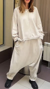 Women Round Neck Splicing Top + Pants Solid Color Casual Suit