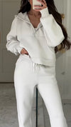 Womens Round Neck Hooded Half Zipper Top + Pants Casual Suit